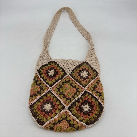 Vintage 70s Boho Hippie Granny Square Crochet Handmade Crossbody Bag Purse - Picture 5 of 8